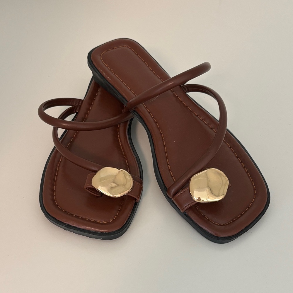 Brown Strappy Sandals with Gold Accent